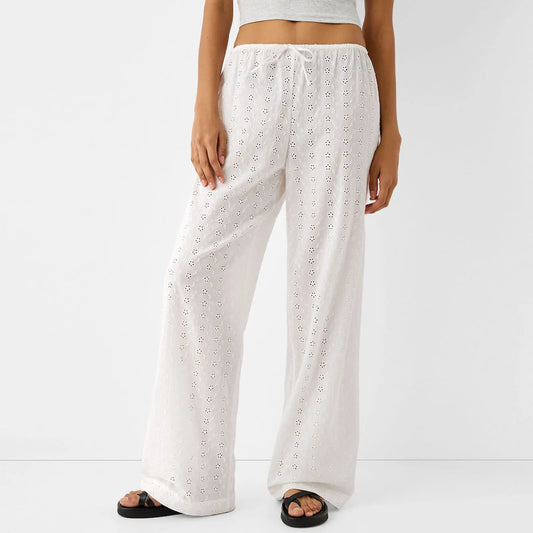 Eyelet Cute Flower Embroidered Casual Loose Wide Leg Waist Palazzo Pants