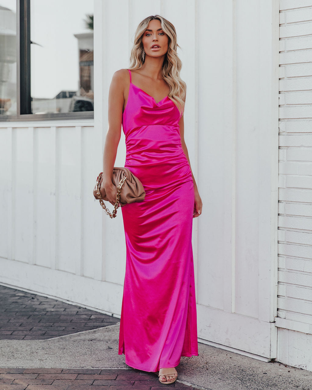 Take Care Satin Cowl Neck Maxi Dress Fuchsia - FINAL SALE