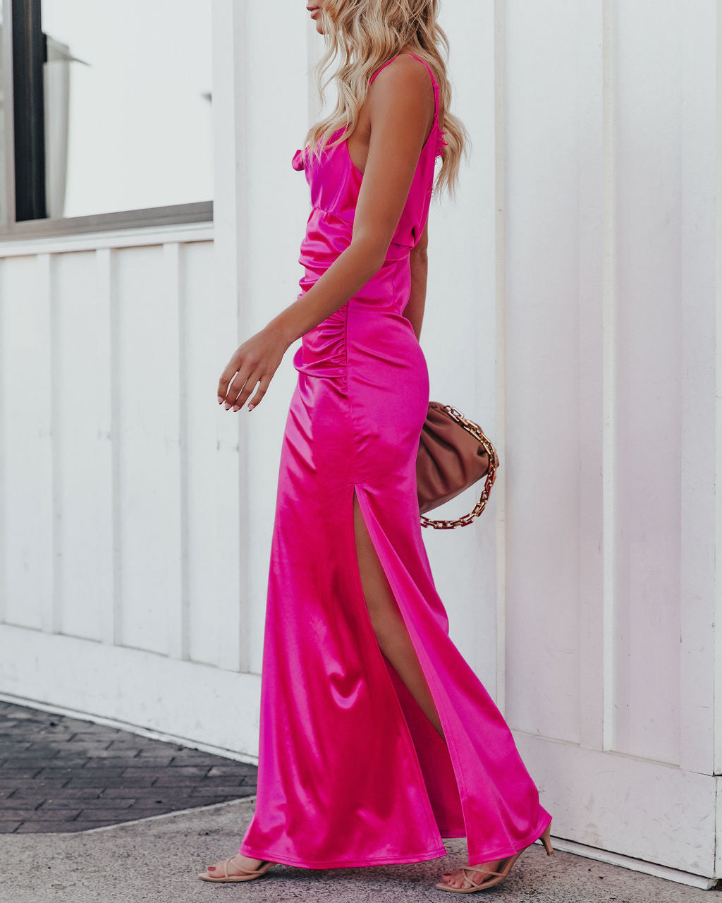 Take Care Satin Cowl Neck Maxi Dress Fuchsia - FINAL SALE