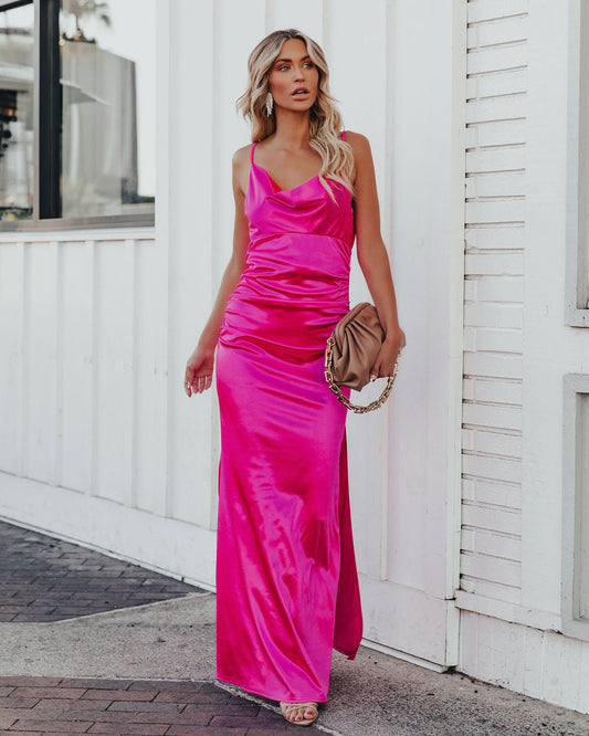 Take Care Satin Cowl Neck Maxi Dress Fuchsia - FINAL SALE