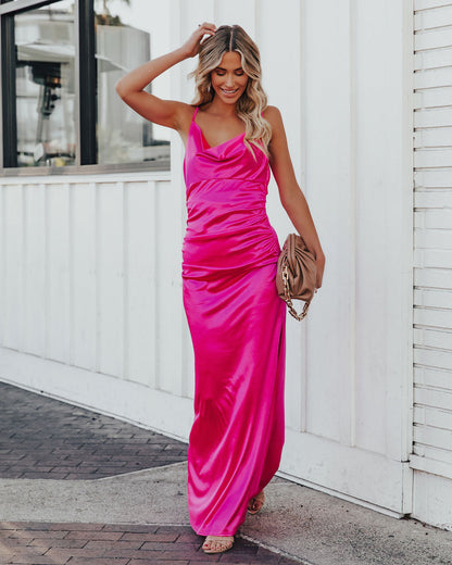 Take Care Satin Cowl Neck Maxi Dress Fuchsia - FINAL SALE