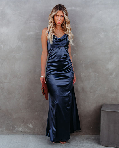 Take Care Satin Neck Maxi Dress - Navy - FINAL SALE