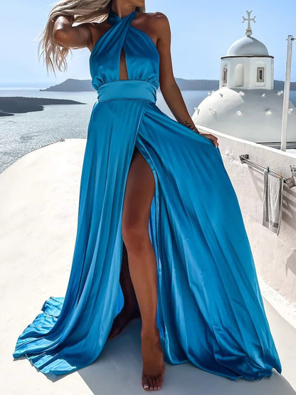 Cross Halterneck Pleated Slit Dress