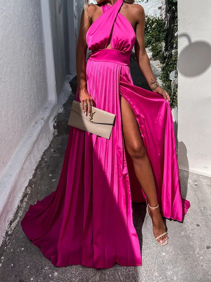 Cross Halterneck Pleated Slit Dress