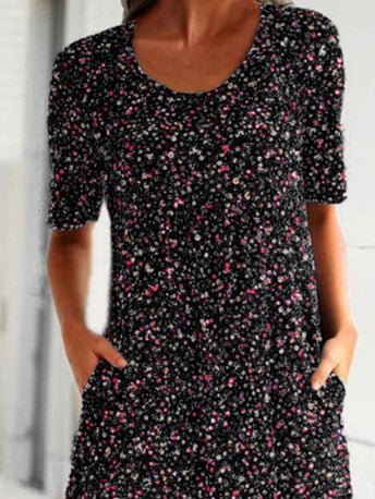 Printed Neck Short Sleeve Pocket Dress