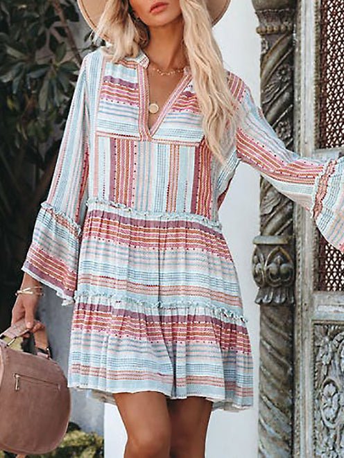 Striped V-Neck Long Sleeve Dress