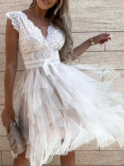 V-Neck Lace Mesh Dress